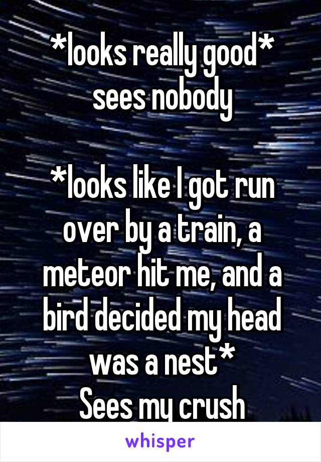 *looks really good* sees nobody

*looks like I got run over by a train, a meteor hit me, and a bird decided my head was a nest*
Sees my crush