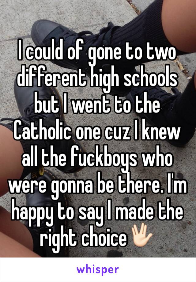 I could of gone to two different high schools but I went to the Catholic one cuz I knew all the fuckboys who were gonna be there. I'm happy to say I made the right choice🖖🏻