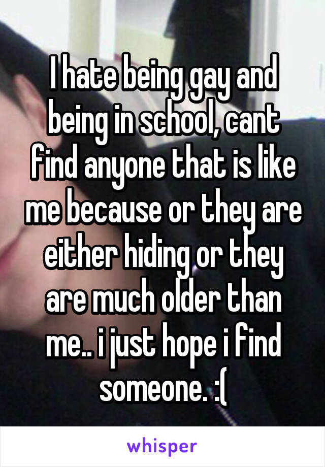 I hate being gay and being in school, cant find anyone that is like me because or they are either hiding or they are much older than me.. i just hope i find someone. :(