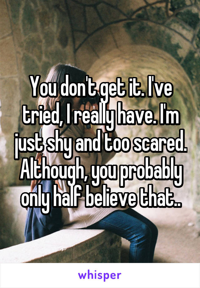 You don't get it. I've tried, I really have. I'm just shy and too scared. Although, you probably only half believe that..