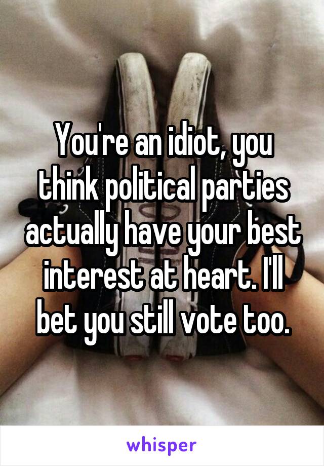 You're an idiot, you think political parties actually have your best interest at heart. I'll bet you still vote too.