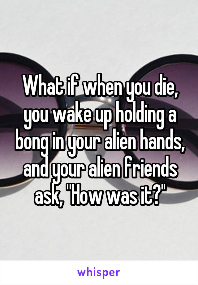 What if when you die, you wake up holding a bong in your alien hands, and your alien friends ask, "How was it?"