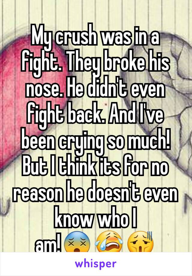 My crush was in a fight. They broke his nose. He didn't even fight back. And I've been crying so much! But I think its for no reason he doesn't even know who I am!😵😭😫