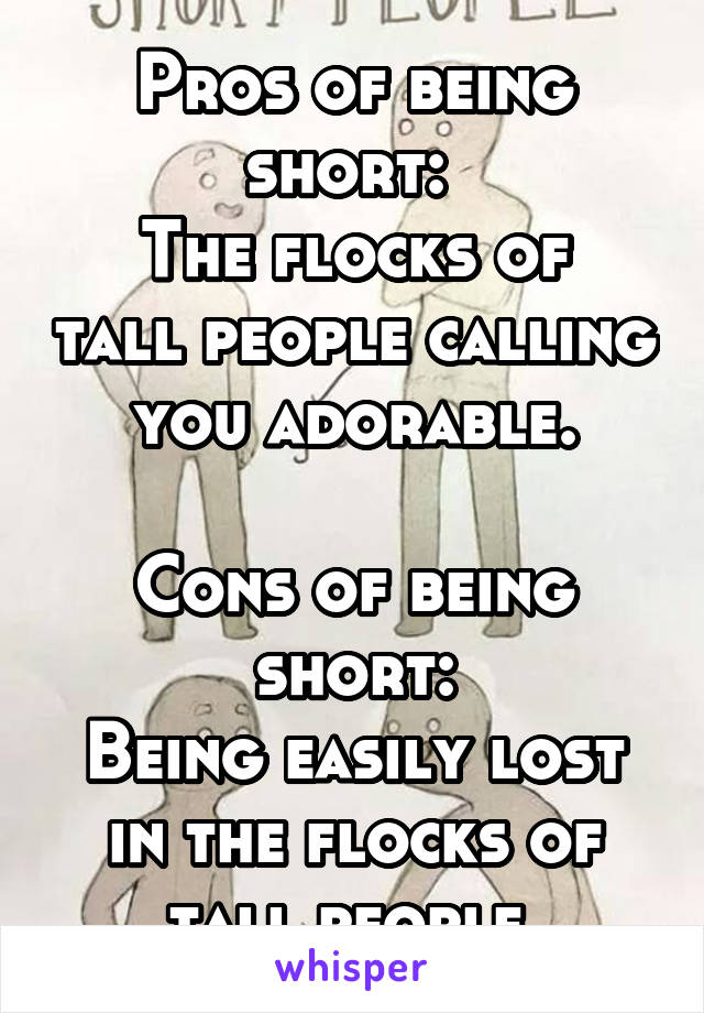 Pros of being short: 
The flocks of tall people calling you adorable.

Cons of being short:
Being easily lost in the flocks of tall people.