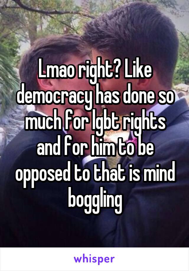 Lmao right? Like democracy has done so much for lgbt rights and for him to be opposed to that is mind boggling