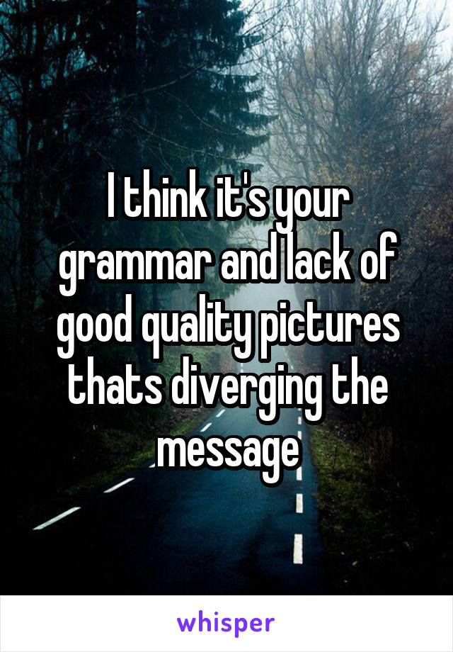 I think it's your grammar and lack of good quality pictures thats diverging the message