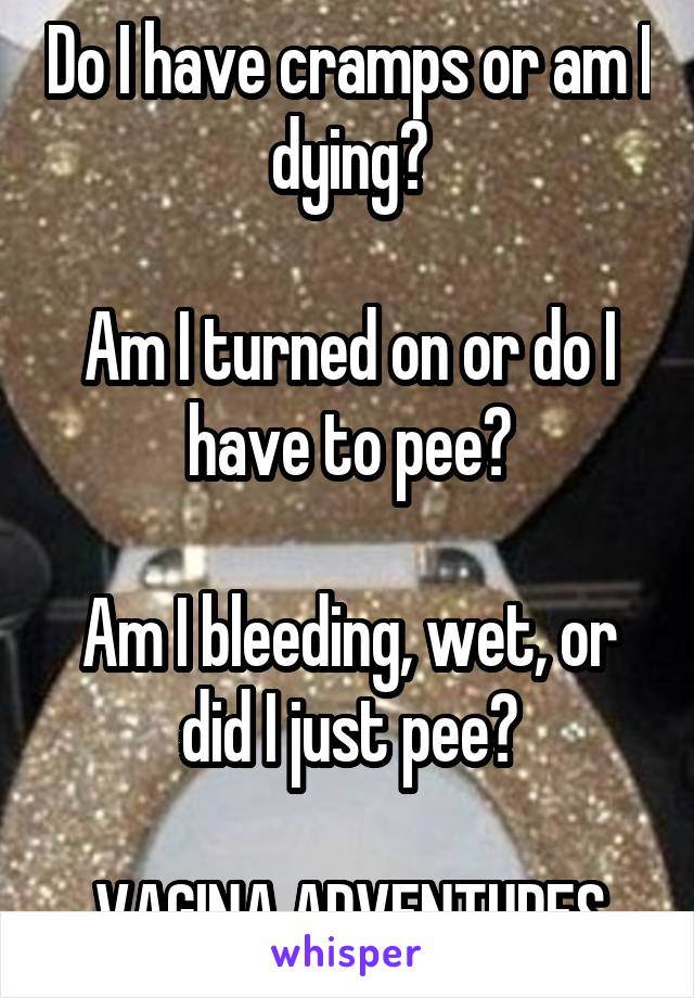 Do I have cramps or am I dying?

Am I turned on or do I have to pee?

Am I bleeding, wet, or did I just pee?

VAGINA ADVENTURES