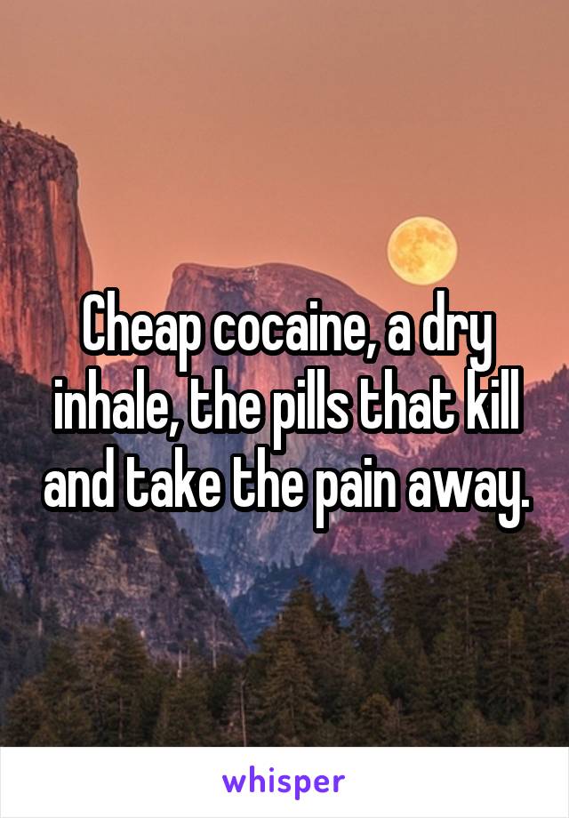 Cheap cocaine, a dry inhale, the pills that kill and take the pain away.