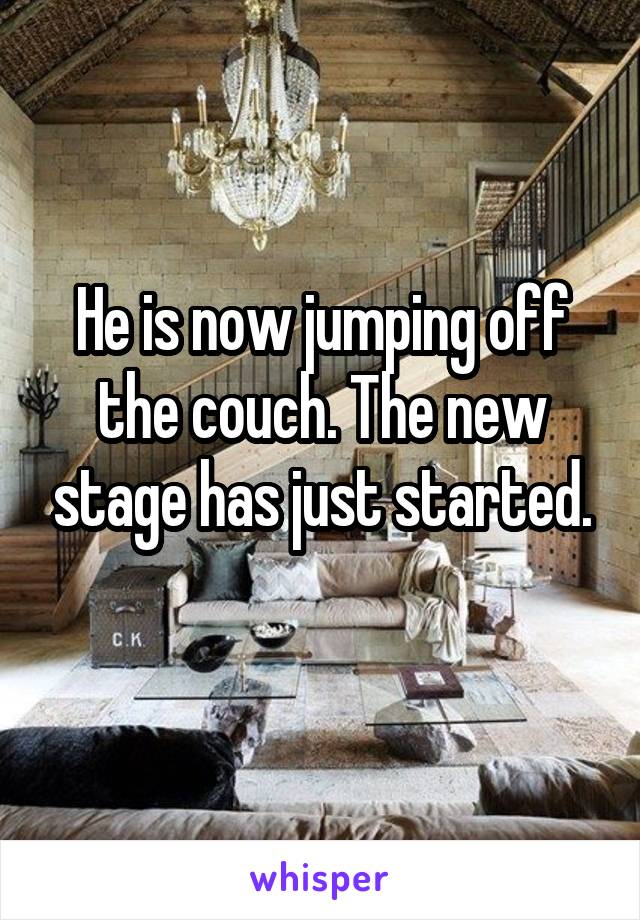 He is now jumping off the couch. The new stage has just started.
