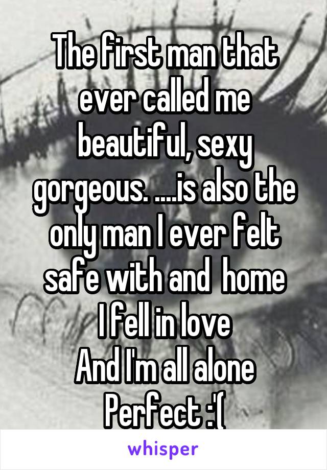 The first man that ever called me beautiful, sexy gorgeous. ....is also the only man I ever felt safe with and  home
I fell in love
And I'm all alone
Perfect :'(