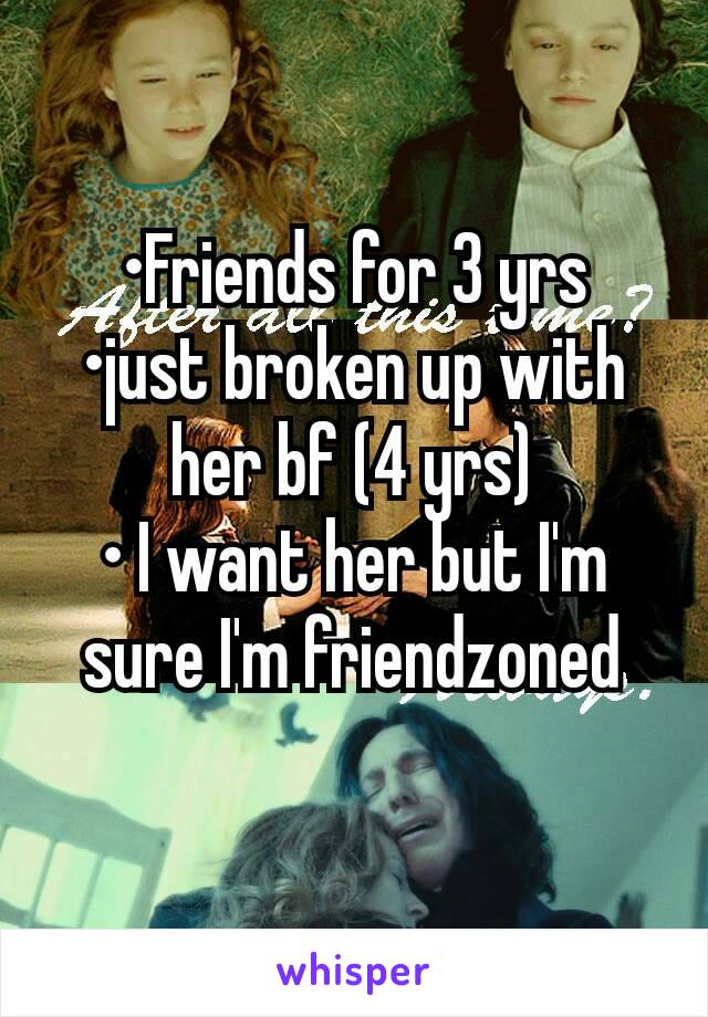 •Friends for 3 yrs
•just broken up with her bf (4 yrs)
• I want her but I'm sure I'm friendzoned
