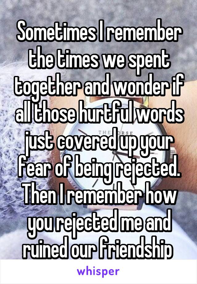 Sometimes I remember the times we spent together and wonder if all those hurtful words just covered up your fear of being rejected. Then I remember how you rejected me and ruined our friendship 