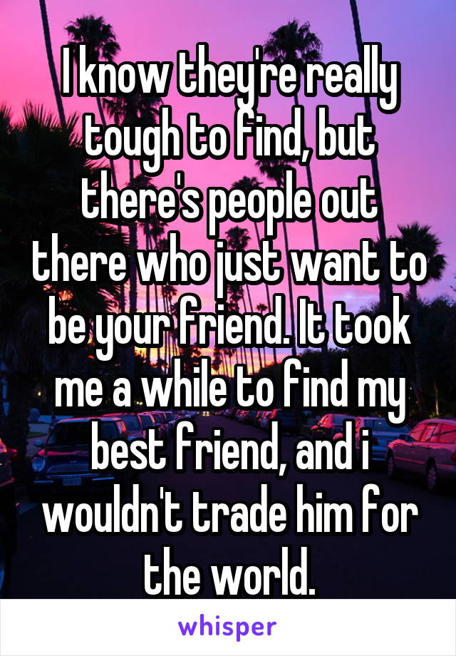 I know they're really tough to find, but there's people out there who just want to be your friend. It took me a while to find my best friend, and i wouldn't trade him for the world.