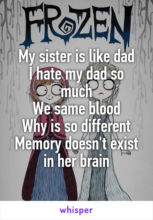 My sister is like dad
I hate my dad so much
We same blood
Why is so different
Memory doesn't exist
in her brain