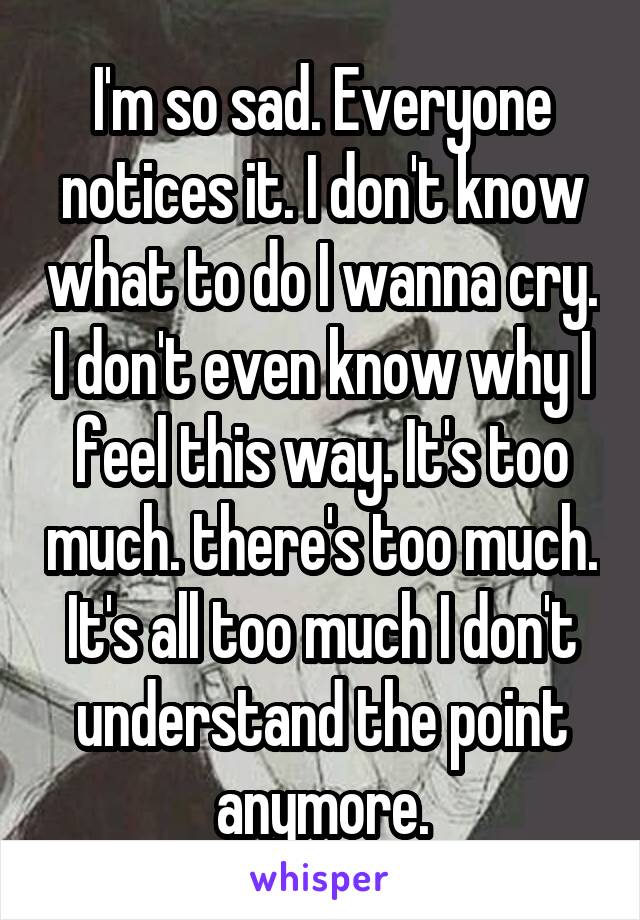 I'm so sad. Everyone notices it. I don't know what to do I wanna cry. I don't even know why I feel this way. It's too much. there's too much. It's all too much I don't understand the point anymore.