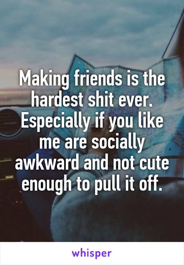 Making friends is the hardest shit ever. Especially if you like me are socially awkward and not cute enough to pull it off.