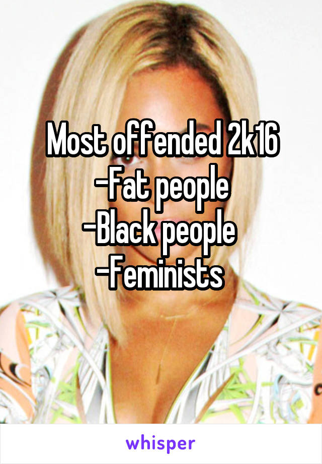 Most offended 2k16
-Fat people
-Black people 
-Feminists 
