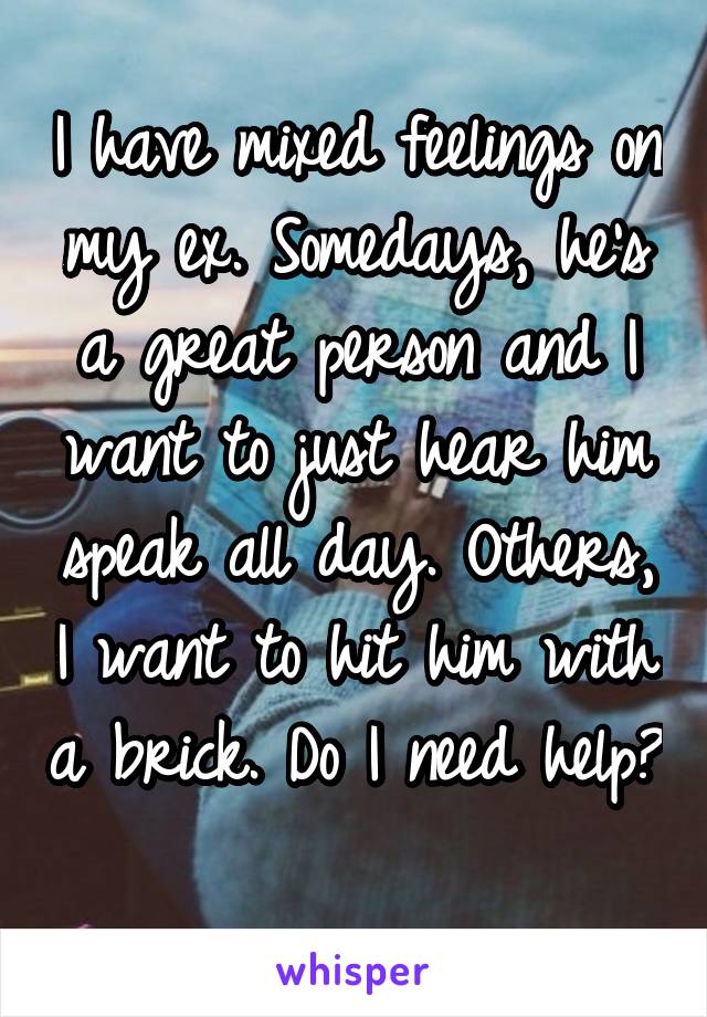 I have mixed feelings on my ex. Somedays, he's a great person and I want to just hear him speak all day. Others, I want to hit him with a brick. Do I need help? 