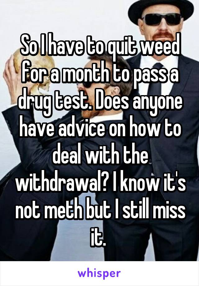 So I have to quit weed for a month to pass a drug test. Does anyone have advice on how to deal with the withdrawal? I know it's not meth but I still miss it. 