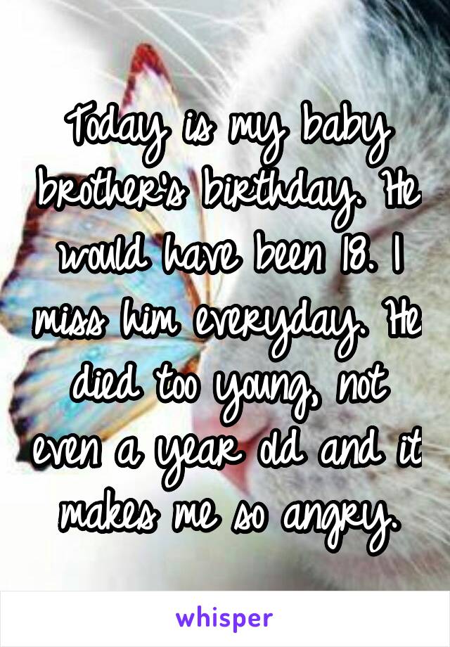 Today is my baby brother's birthday. He would have been 18. I miss him everyday. He died too young, not even a year old and it makes me so angry.