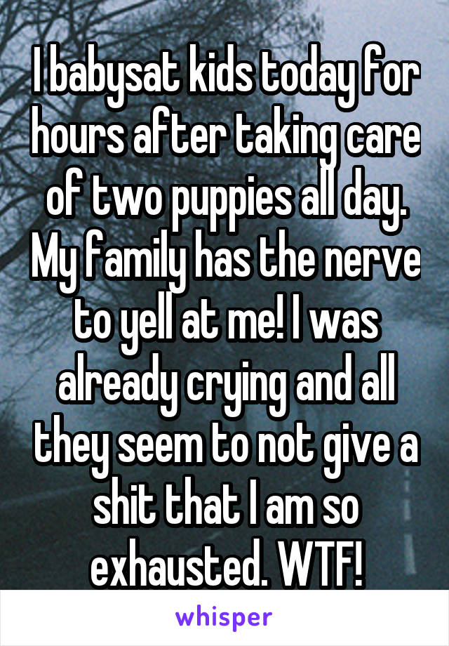 I babysat kids today for hours after taking care of two puppies all day. My family has the nerve to yell at me! I was already crying and all they seem to not give a shit that I am so exhausted. WTF!