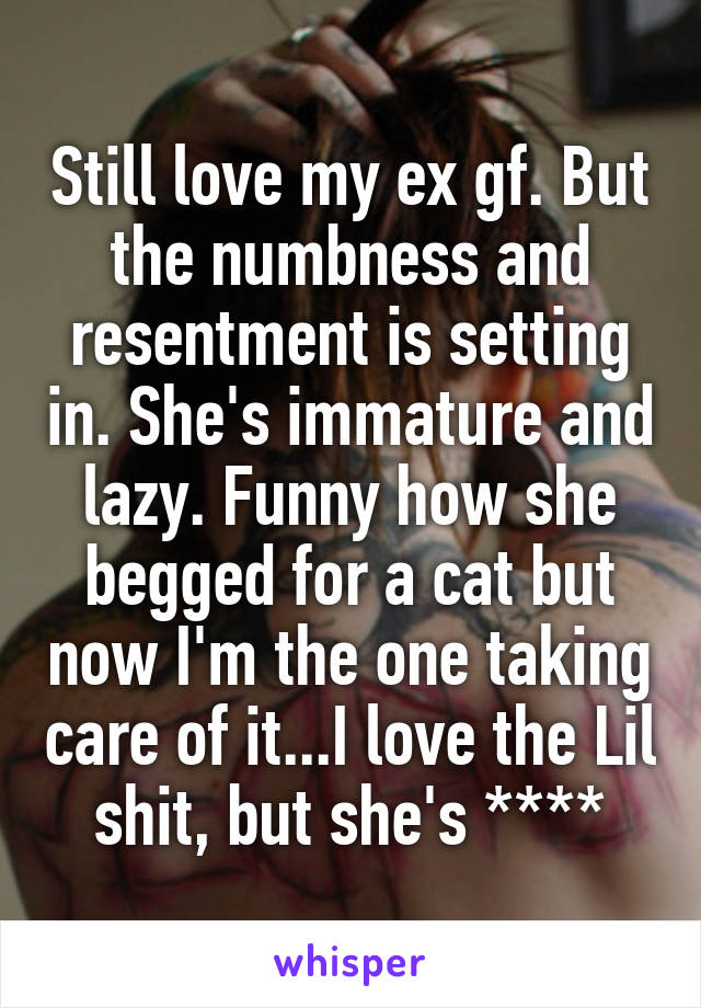 Still love my ex gf. But the numbness and resentment is setting in. She's immature and lazy. Funny how she begged for a cat but now I'm the one taking care of it...I love the Lil shit, but she's ****