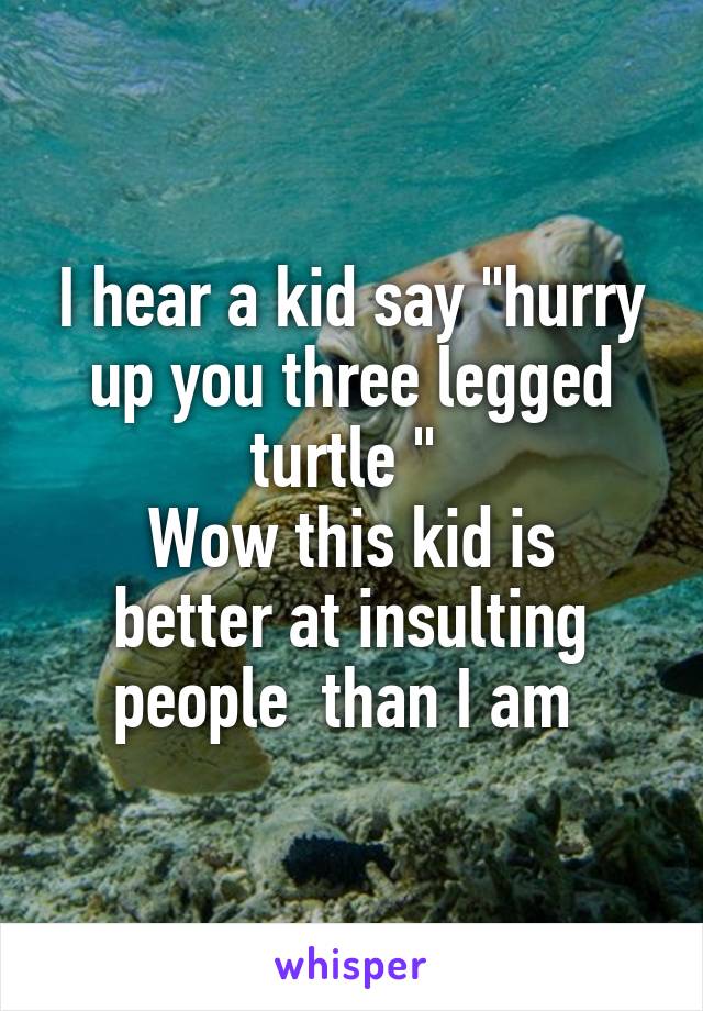 I hear a kid say "hurry up you three legged turtle " 
Wow this kid is better at insulting people  than I am 