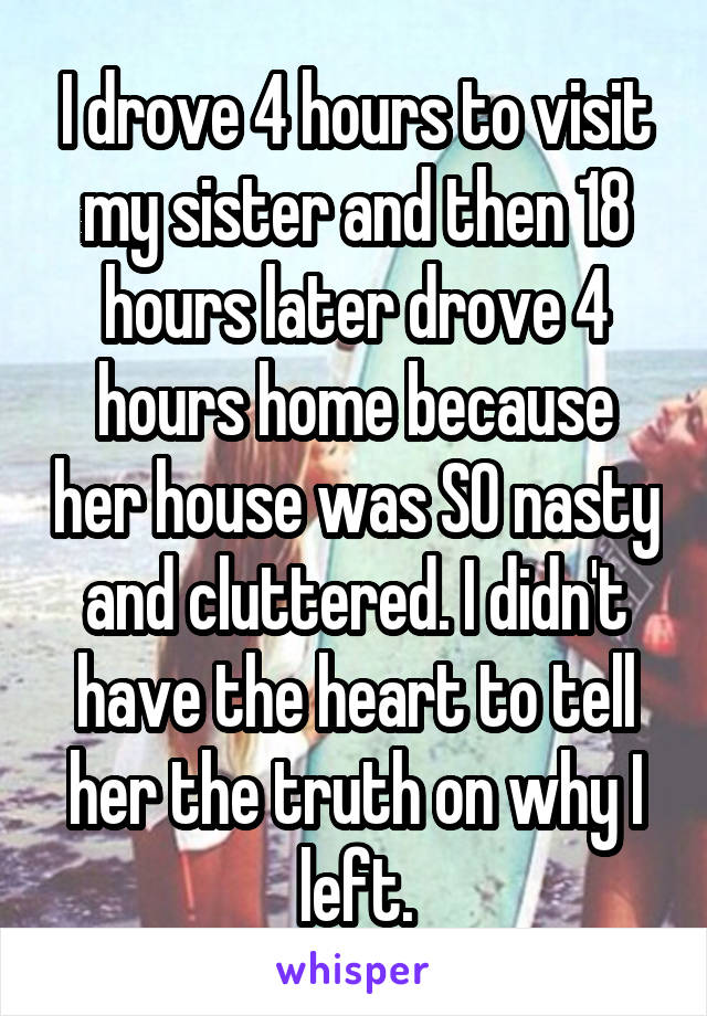 I drove 4 hours to visit my sister and then 18 hours later drove 4 hours home because her house was SO nasty and cluttered. I didn't have the heart to tell her the truth on why I left.