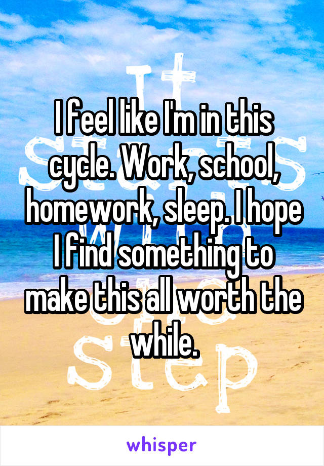 I feel like I'm in this cycle. Work, school, homework, sleep. I hope I find something to make this all worth the while.