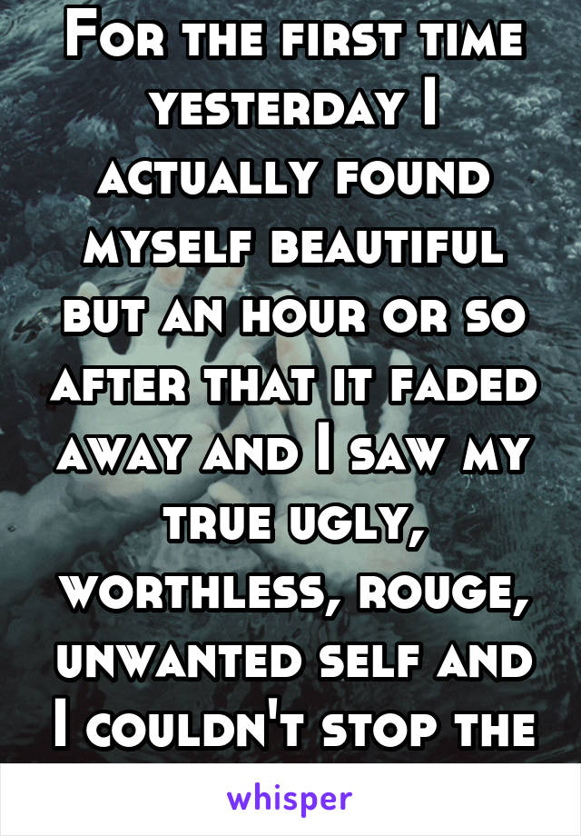 For the first time yesterday I actually found myself beautiful but an hour or so after that it faded away and I saw my true ugly, worthless, rouge, unwanted self and I couldn't stop the ugly thoughts!