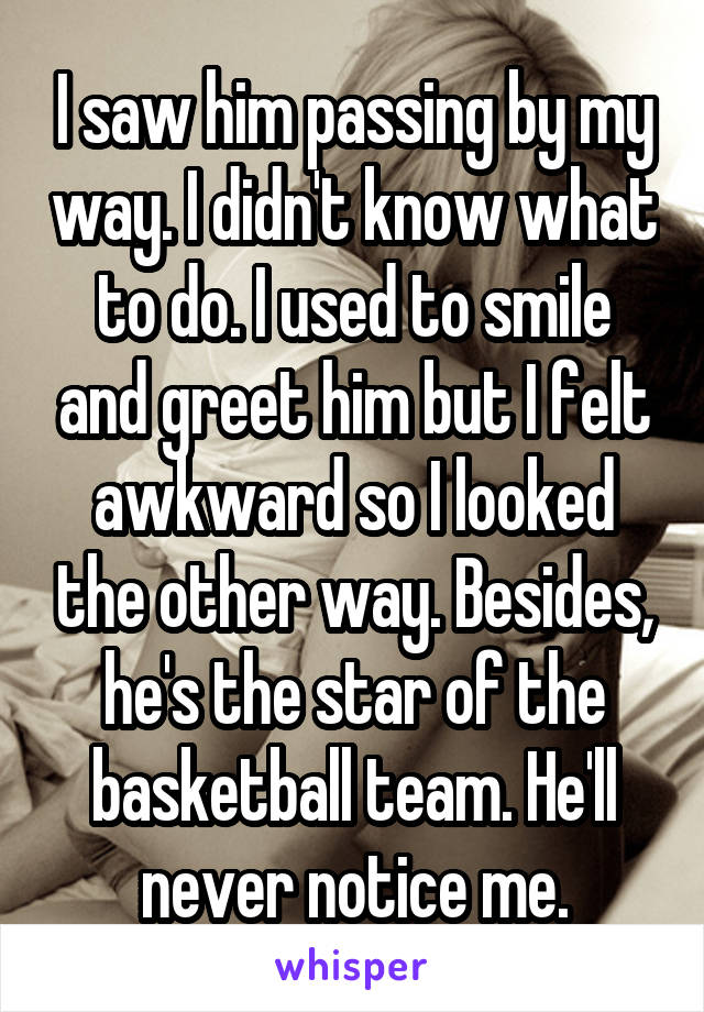 I saw him passing by my way. I didn't know what to do. I used to smile and greet him but I felt awkward so I looked the other way. Besides, he's the star of the basketball team. He'll never notice me.