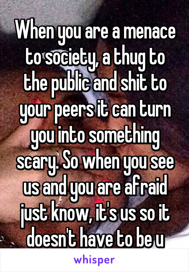 When you are a menace to society, a thug to the public and shit to your peers it can turn you into something scary. So when you see us and you are afraid just know, it's us so it doesn't have to be u