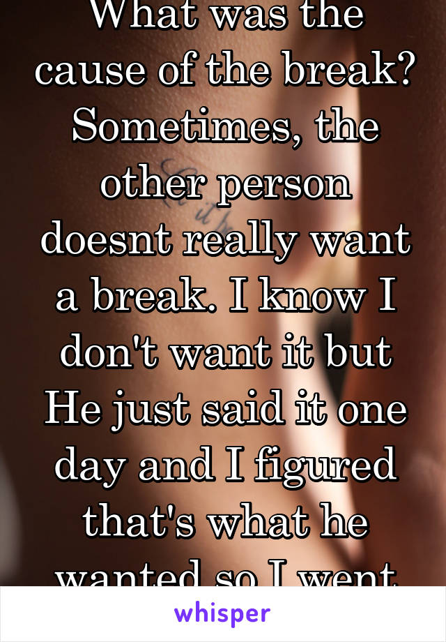 What was the cause of the break? Sometimes, the other person doesnt really want a break. I know I don't want it but He just said it one day and I figured that's what he wanted so I went with it. 