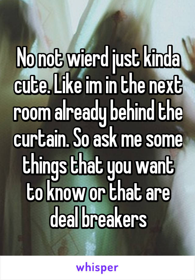 No not wierd just kinda cute. Like im in the next room already behind the curtain. So ask me some things that you want to know or that are deal breakers