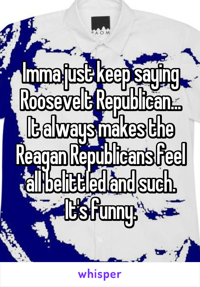 Imma just keep saying Roosevelt Republican... It always makes the Reagan Republicans feel all belittled and such. It's funny.