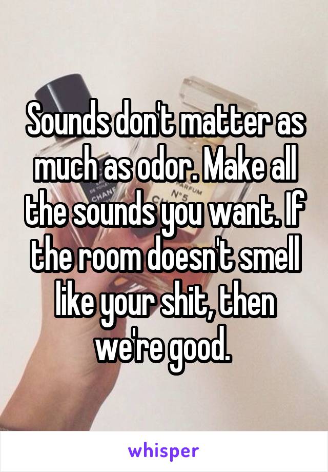 Sounds don't matter as much as odor. Make all the sounds you want. If the room doesn't smell like your shit, then we're good. 