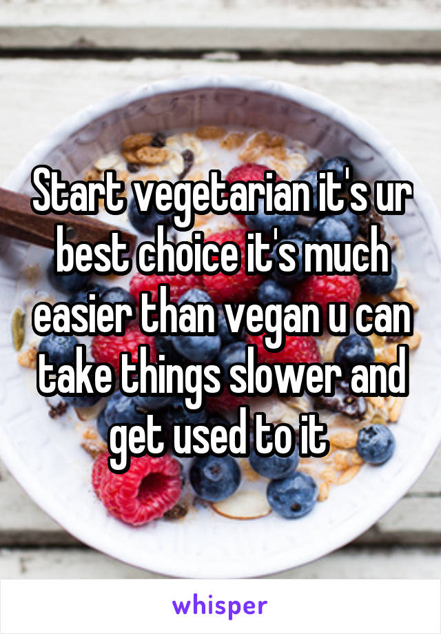 Start vegetarian it's ur best choice it's much easier than vegan u can take things slower and get used to it 