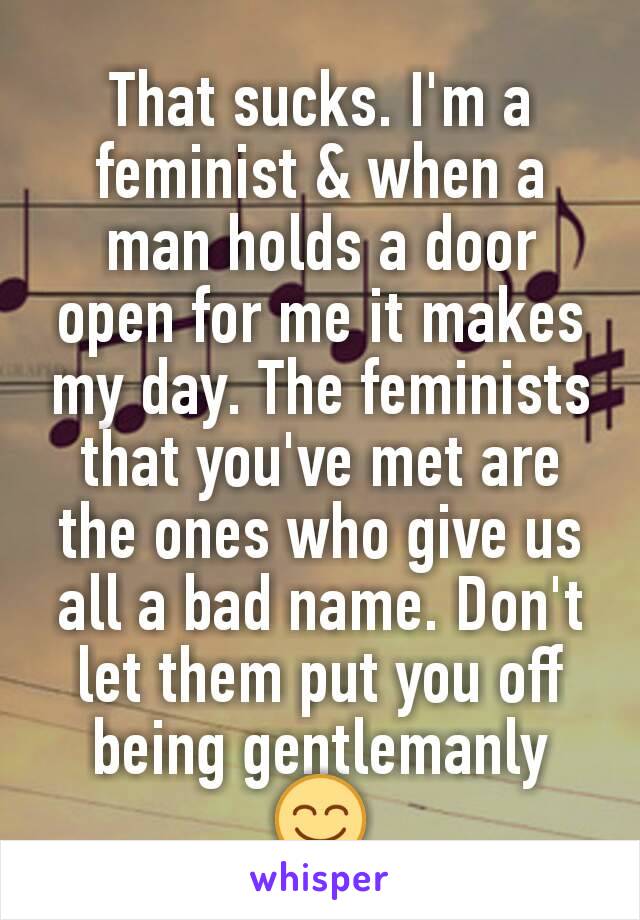 That sucks. I'm a feminist & when a man holds a door open for me it makes my day. The feminists that you've met are the ones who give us all a bad name. Don't let them put you off being gentlemanly 😊