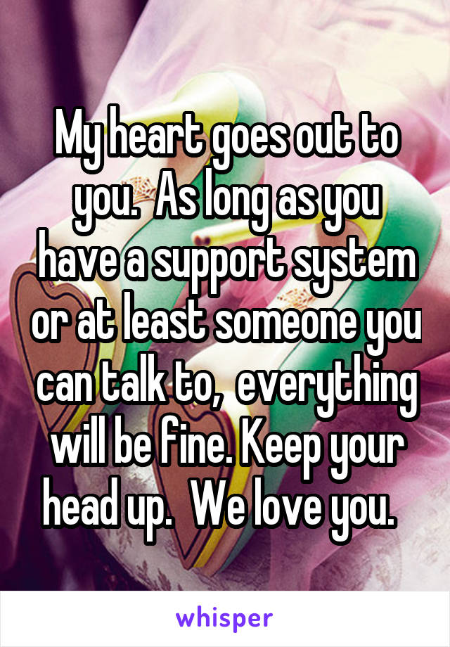 My heart goes out to you.  As long as you have a support system or at least someone you can talk to,  everything will be fine. Keep your head up.  We love you.  