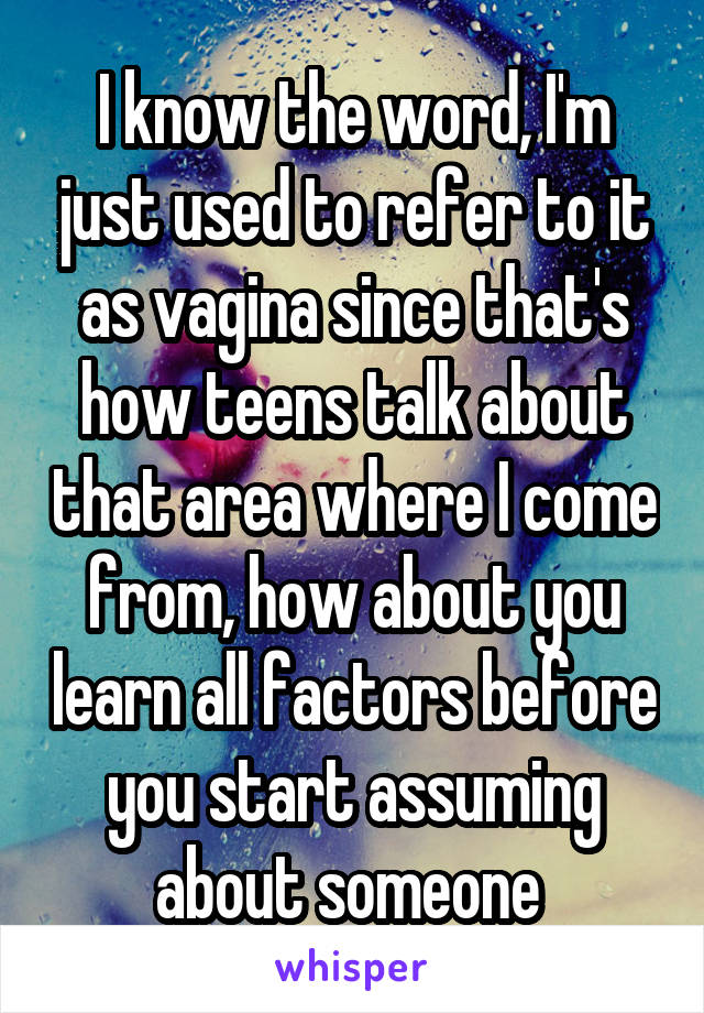 I know the word, I'm just used to refer to it as vagina since that's how teens talk about that area where I come from, how about you learn all factors before you start assuming about someone 