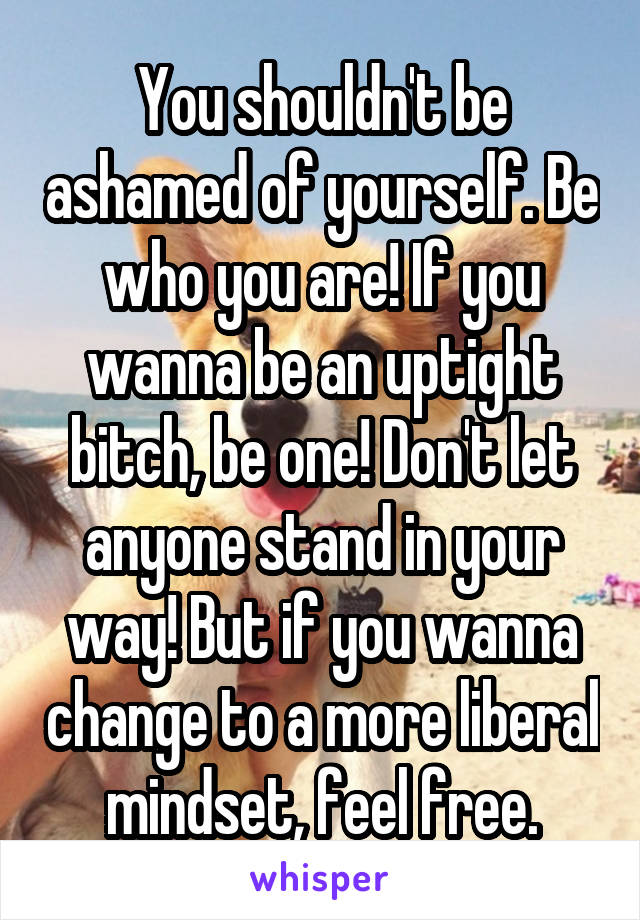 You shouldn't be ashamed of yourself. Be who you are! If you wanna be an uptight bitch, be one! Don't let anyone stand in your way! But if you wanna change to a more liberal mindset, feel free.