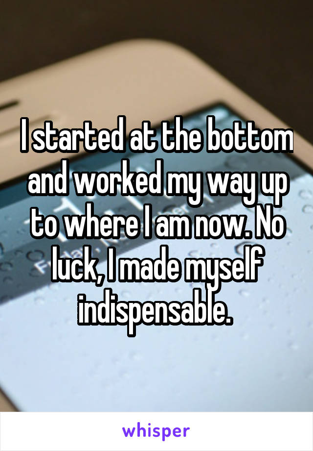 I started at the bottom and worked my way up to where I am now. No luck, I made myself indispensable. 