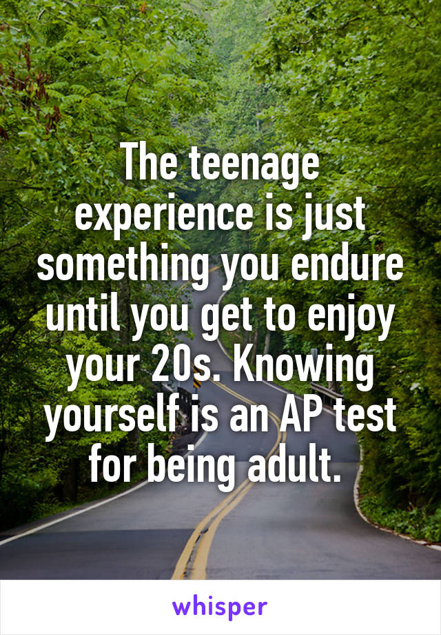 The teenage experience is just something you endure until you get to enjoy your 20s. Knowing yourself is an AP test for being adult. 