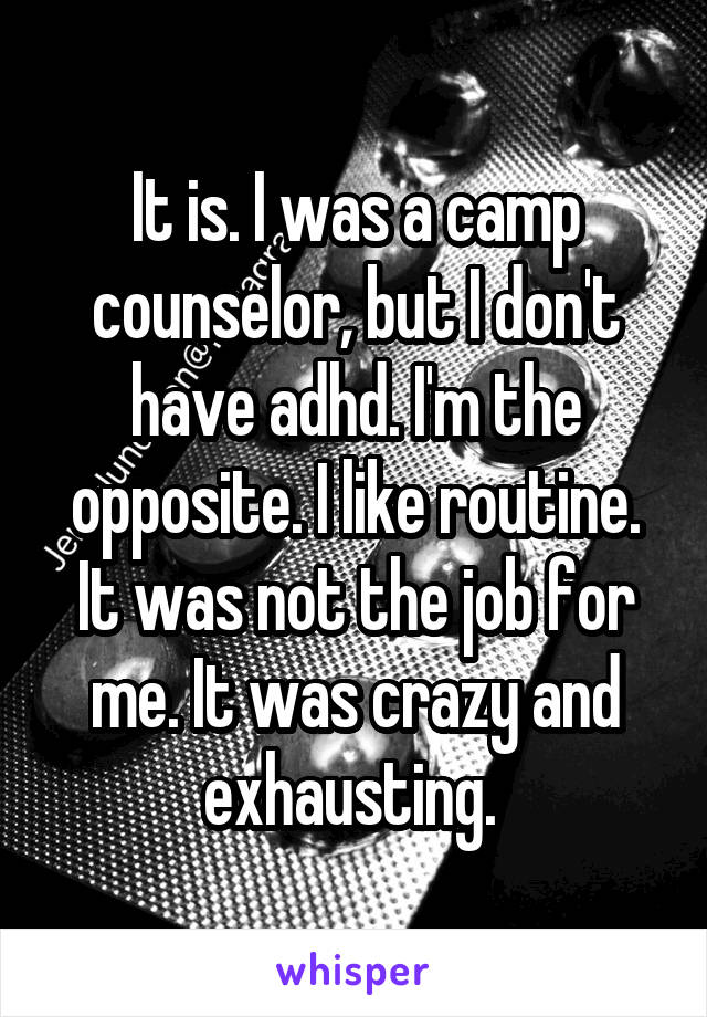 It is. I was a camp counselor, but I don't have adhd. I'm the opposite. I like routine. It was not the job for me. It was crazy and exhausting. 