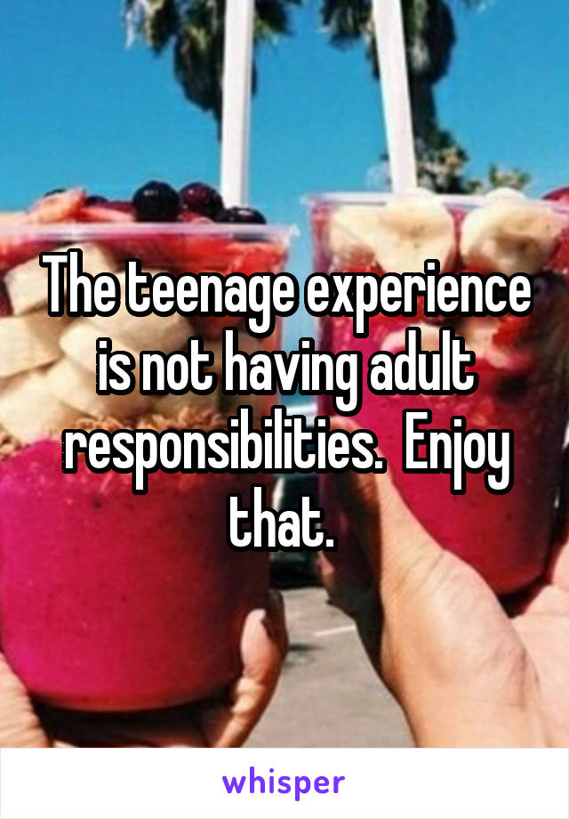 The teenage experience is not having adult responsibilities.  Enjoy that. 