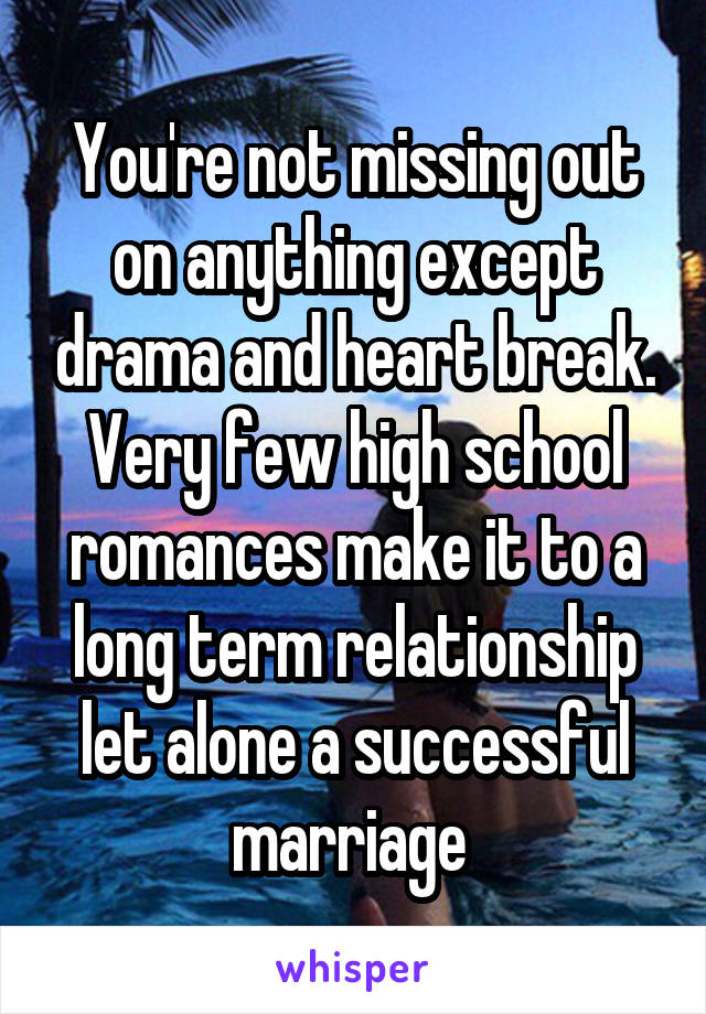 You're not missing out on anything except drama and heart break. Very few high school romances make it to a long term relationship let alone a successful marriage 