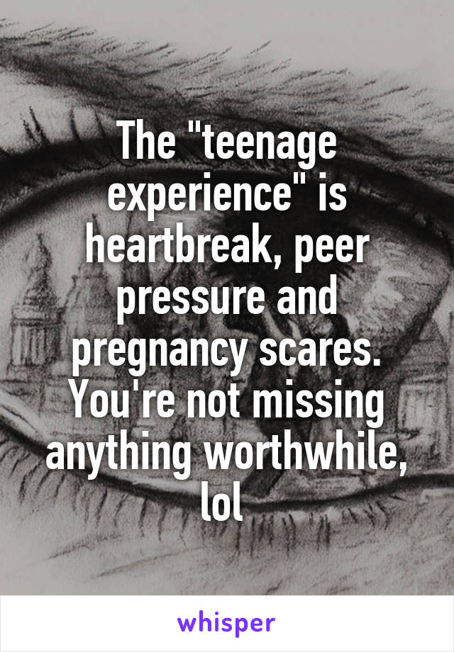 The "teenage experience" is heartbreak, peer pressure and pregnancy scares. You're not missing anything worthwhile, lol 