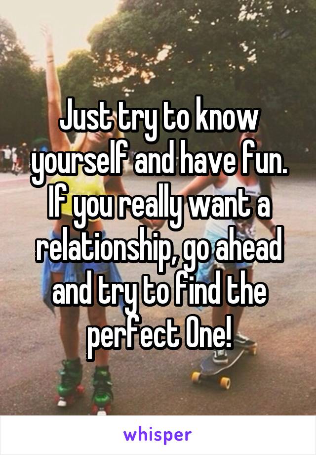 Just try to know yourself and have fun. If you really want a relationship, go ahead and try to find the perfect One!