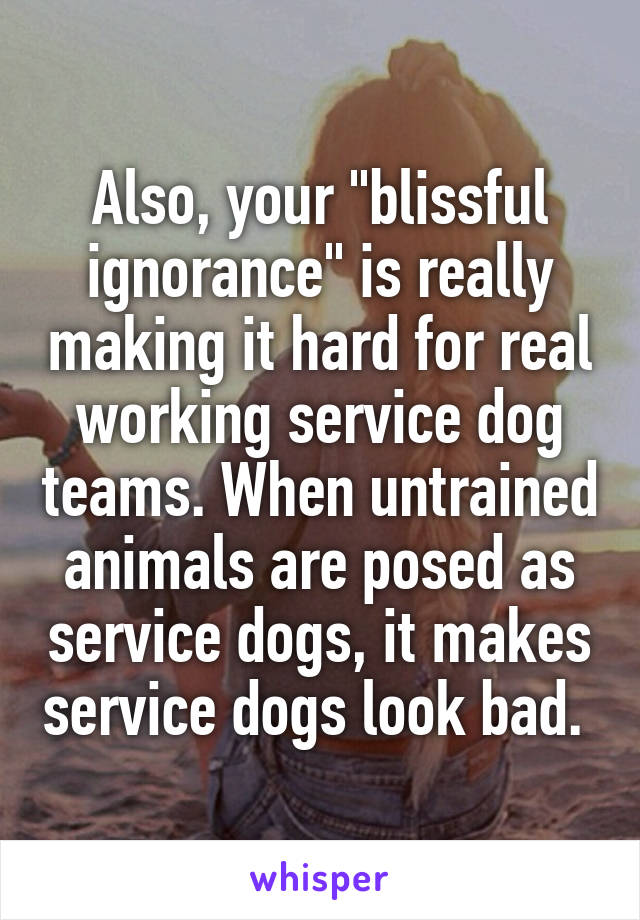 Also, your "blissful ignorance" is really making it hard for real working service dog teams. When untrained animals are posed as service dogs, it makes service dogs look bad. 