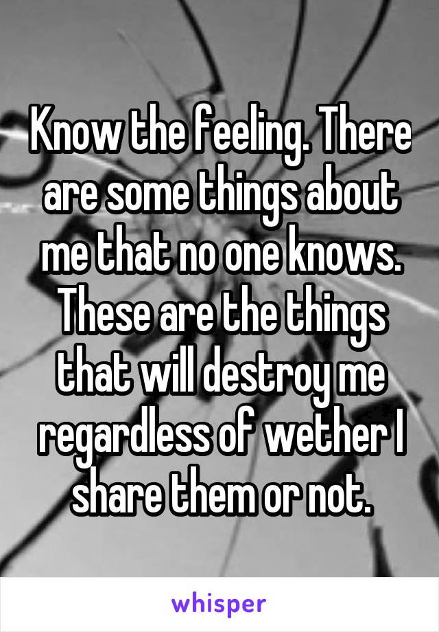 Know the feeling. There are some things about me that no one knows. These are the things that will destroy me regardless of wether I share them or not.